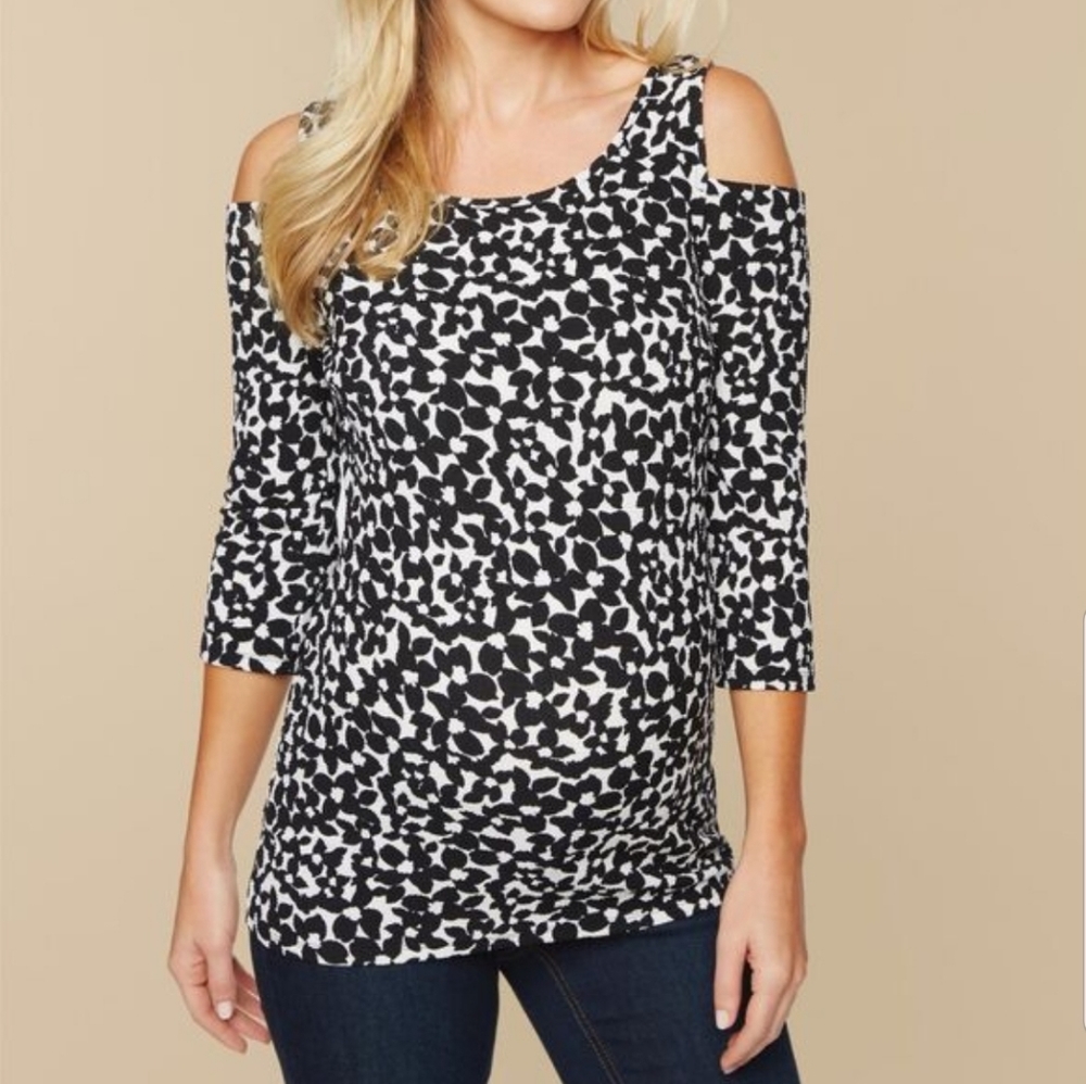 Maternity Cold Shoulder Top Blouse Black White Motherhood New With Tags